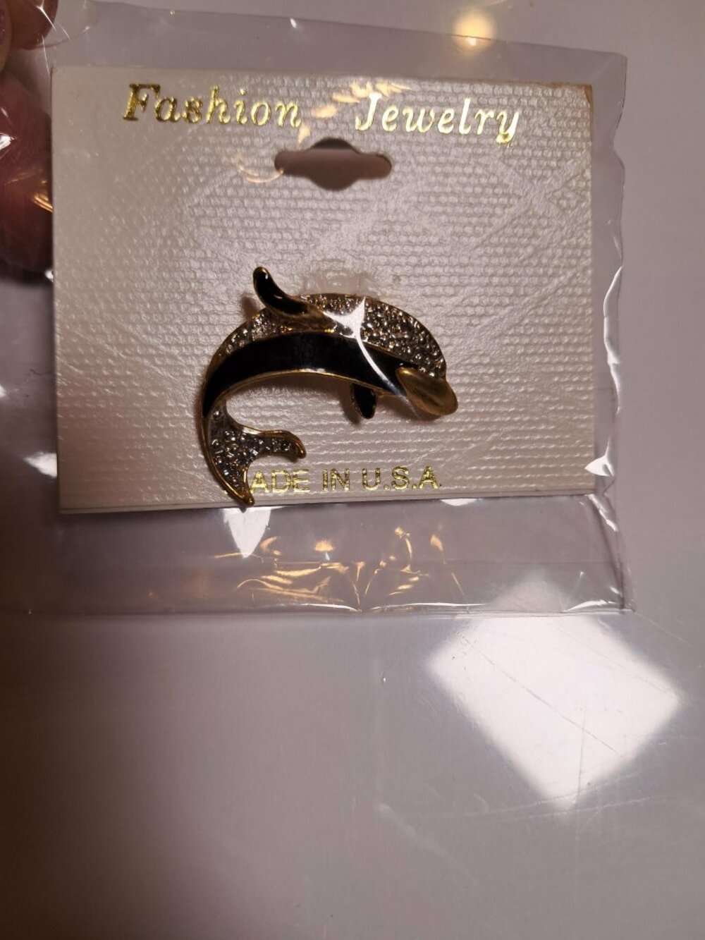 Vintage Gold Tone Dolphin Brooch Black Enamel Rhinestones - Picture 2 of 5